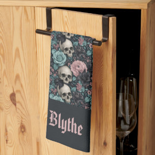 Aqua Pink and Black Goth Floral with Skulls Tea Towel