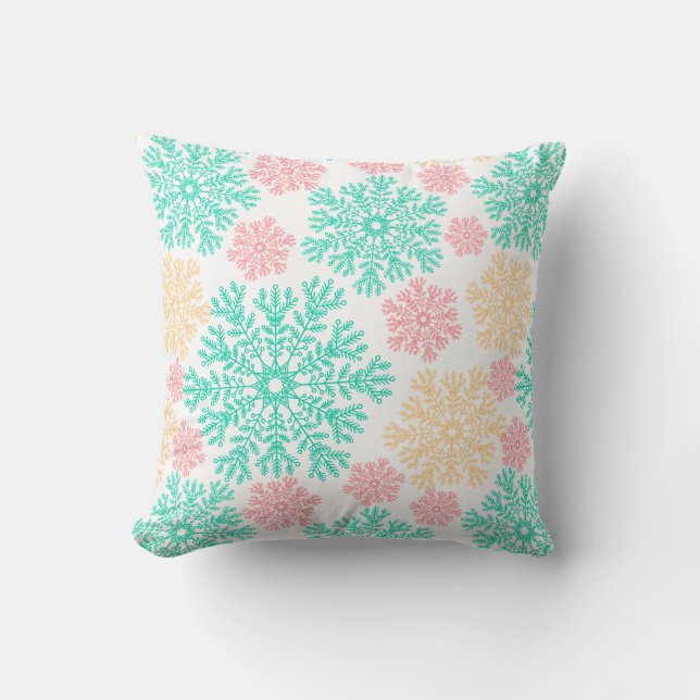 Aqua Pink and Gold Snowflakes Pattern Cushion (Front)