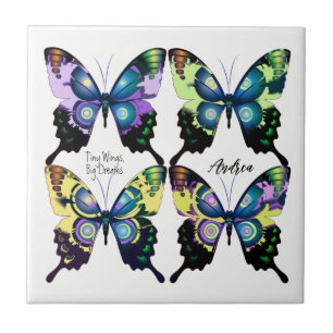 Aqua, Pink, and Yellow - Elegant Butterflies Ceramic Tile