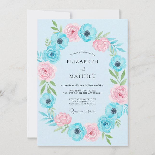 Aqua Pink Anemone Wedding Invitation (Front)