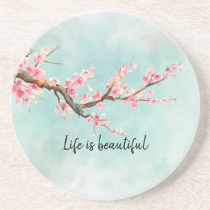 Aqua Pink Cherry Blossom Floral Coaster