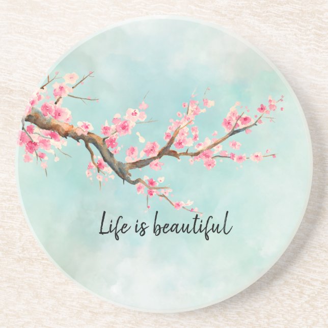 Aqua Pink Cherry Blossom Floral    Coaster (Front)