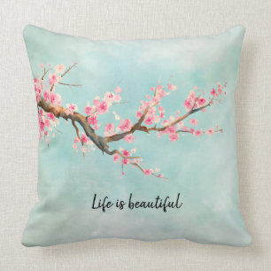 Aqua Pink Cherry Blossom Floral  Cushion