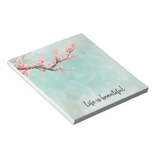 Aqua Pink Cherry Blossom Floral      Notepad
