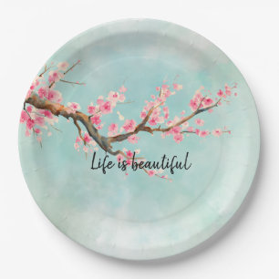 Aqua Pink Cherry Blossom Floral Paper Plate