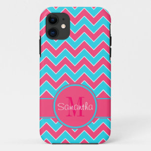 Aqua & Pink Chevron Pattern Custom Monogram iPhone 11 Case
