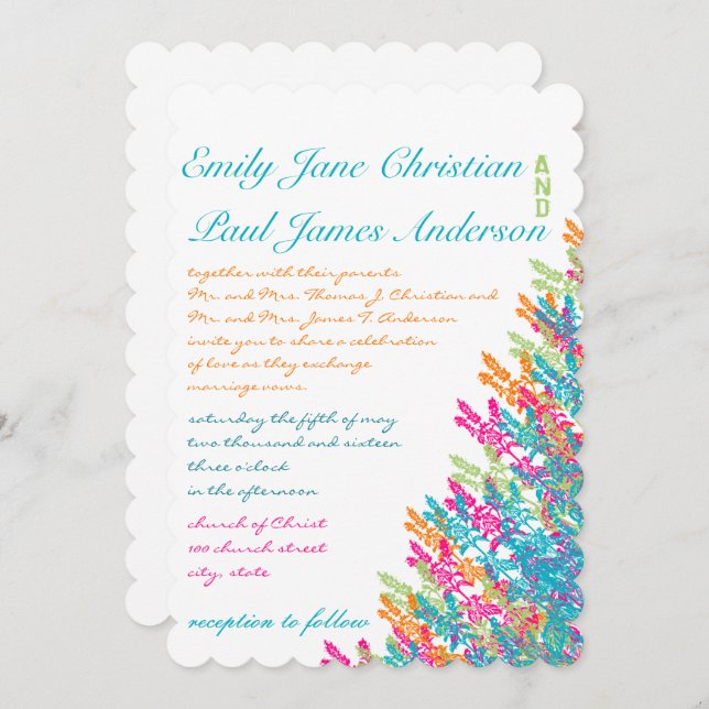 Aqua Pink Coral Lime Floral Wedding Invitations (Front/Back)