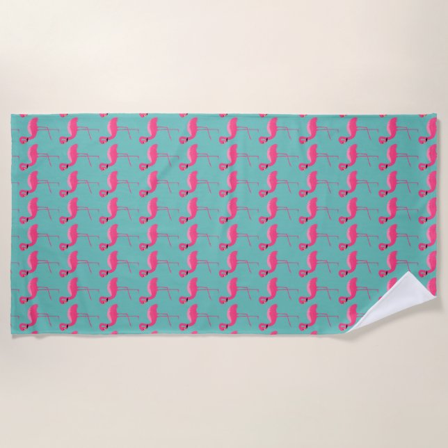 AQUA  PINK FLAMINGO BRIGHT BEACH TOWEL (Front)