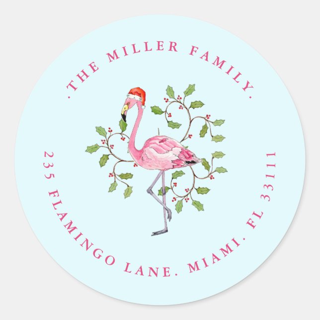 Aqua & Pink Flamingo Holiday Address seal (Front)
