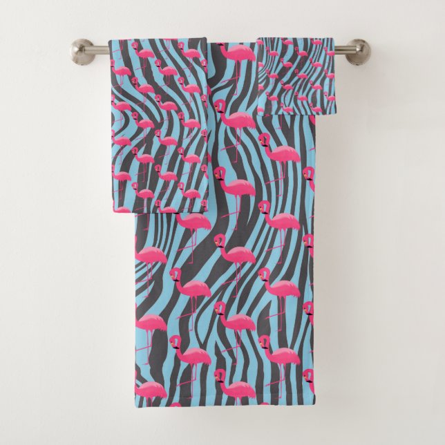 AQUA PINK FLAMINGO ZEBRA PRINT BATHROOM TOWEL SET (Insitu)
