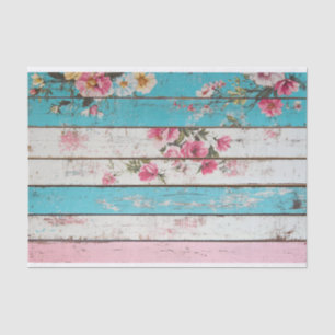 Aqua Pink Flower Wood Plank Decoupage Paper