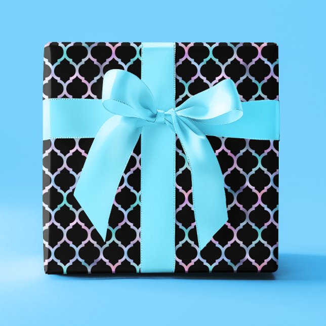 Aqua Pink Iridescent Foil and Black Quatrefoil Wrapping Paper (Aqua Pink Iridescent Foil and Black Quatrefoil Wrapping Paper)