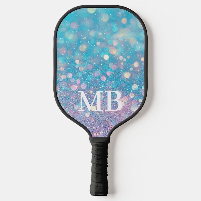 Aqua Pink Pastel Glitter Sparkle Glam Monogram Pickleball Paddle (Back)