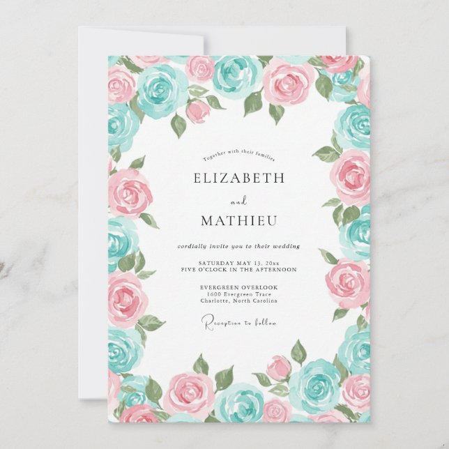 Aqua Pink Radiant Rose Wedding Invitation (Front)