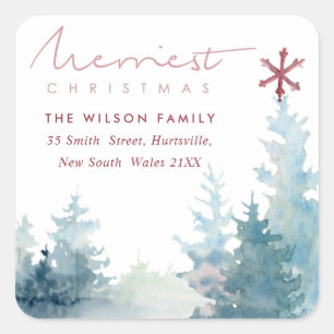 AQUA PINK SNOWY FOREST STAR PINE CHRISTMAS ADDRESS SQUARE STICKER