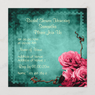 Aqua pink vintage rose bridal invitation
