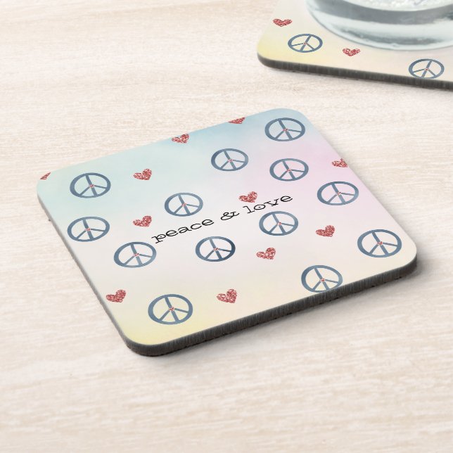 Aqua Pink Yellow Tie Dye Peace Sign with Hearts Coaster (Left Side)