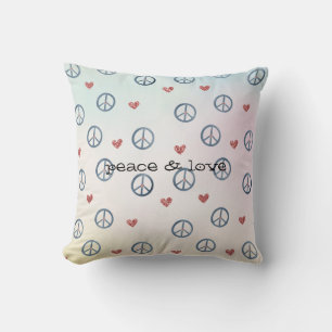 Aqua Pink Yellow Tie Dye Peace Sign with Hearts Cushion