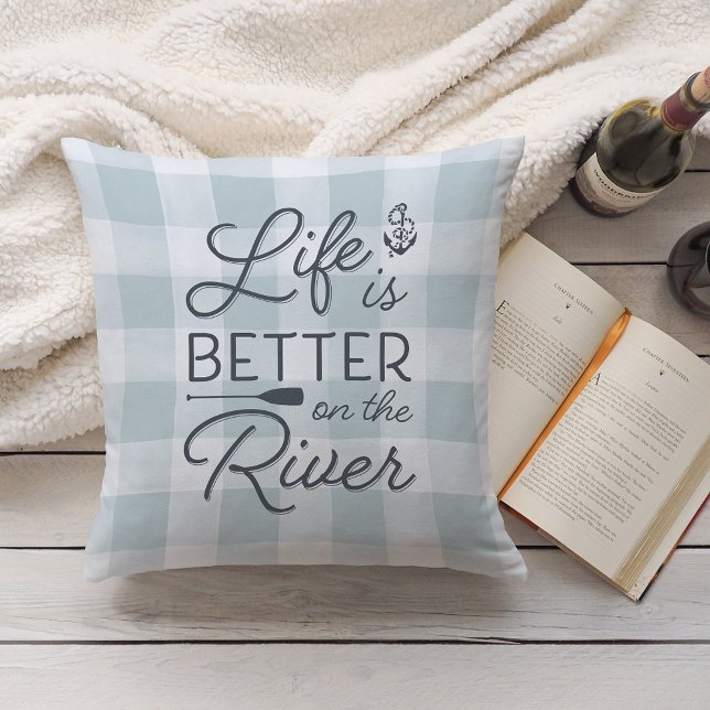 Aqua Plaid Life Is Better On The River Cushion (Creator Uploaded)