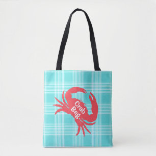 Aqua Plaid with Crab Tote Bag