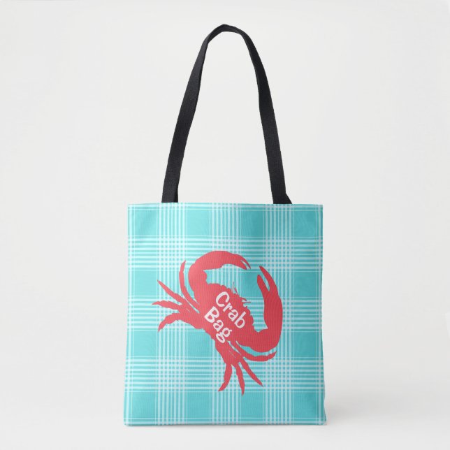 Aqua Plaid with Crab Tote Bag (Front)