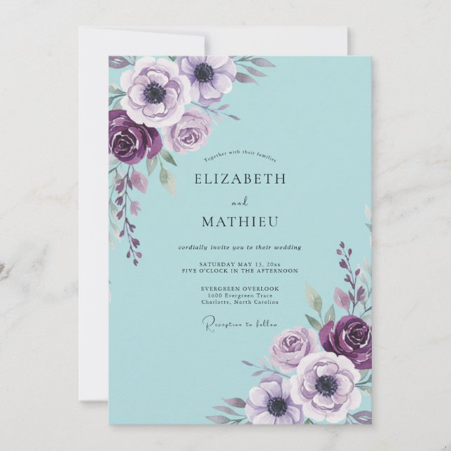 Aqua Plum Anemone Wedding Invitation (Front)