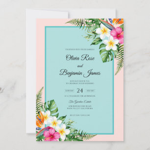 Aqua Plumeria Hibiscus Eucalyptus Wedding Invitation