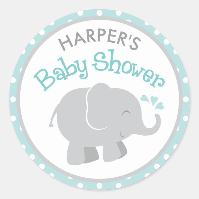 Aqua Polka Dot Grey Elephant Shower Classic Round Sticker (Front)