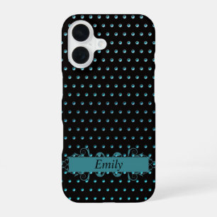 Aqua Polka Dots With Name iPhone 16 Case