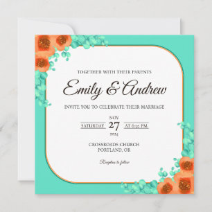 Aqua Poppy Summer Floral Watercolor Square Wedding Invitation