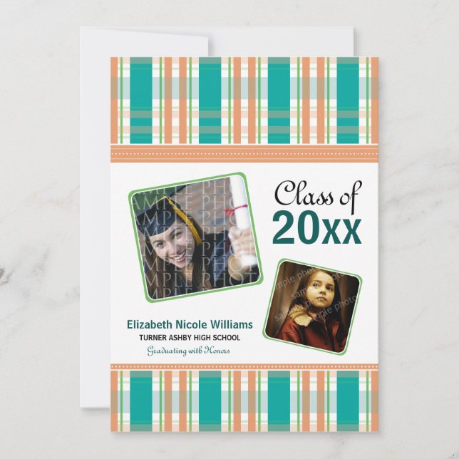 Aqua Preppy Plaid Custom Graduation Announcement (Front)