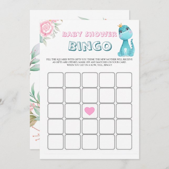 Aqua Princess Dinosaurs Peony Baby Shower Bingo (Front/Back)