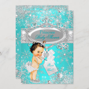 Aqua Princess Winter Wonderland Baby Shower Brown Invitation