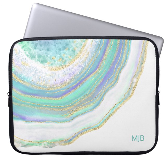Aqua Purple Agate Marble Pattern and Monogram Laptop Sleeve (Front)