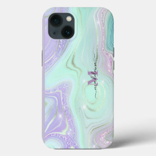 Aqua Purple Crystal Marble Iridescent Agate iPhone 13 Case