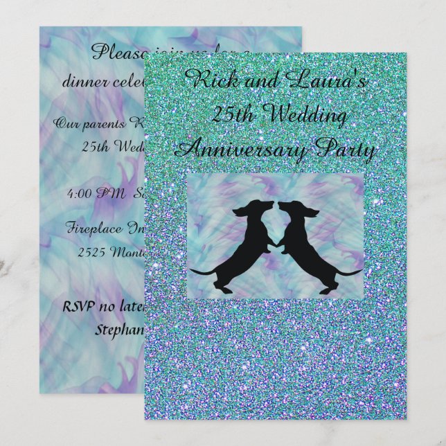 Aqua Purple Glitter Dachshund Party Invitatiions Invitation (Front/Back)