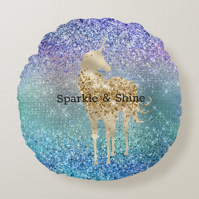 Aqua Purple Glitter Sparkle Gold Unicorn Round Cushion (Front)