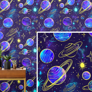 Aqua Purple Gold Planet in Dark Blue Sky Wallpaper