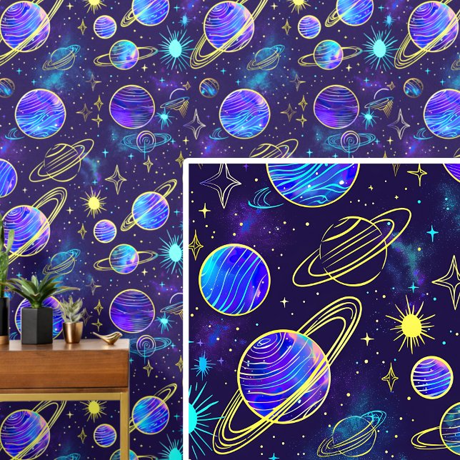 Aqua Purple Gold Planet in Dark Blue Sky Wallpaper (Creator Uploaded)