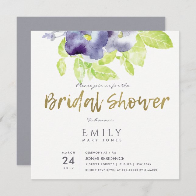 AQUA PURPLE INK WATERCOLOUR FLORAL BRIDAL SHOWER INVITATION (Front/Back)