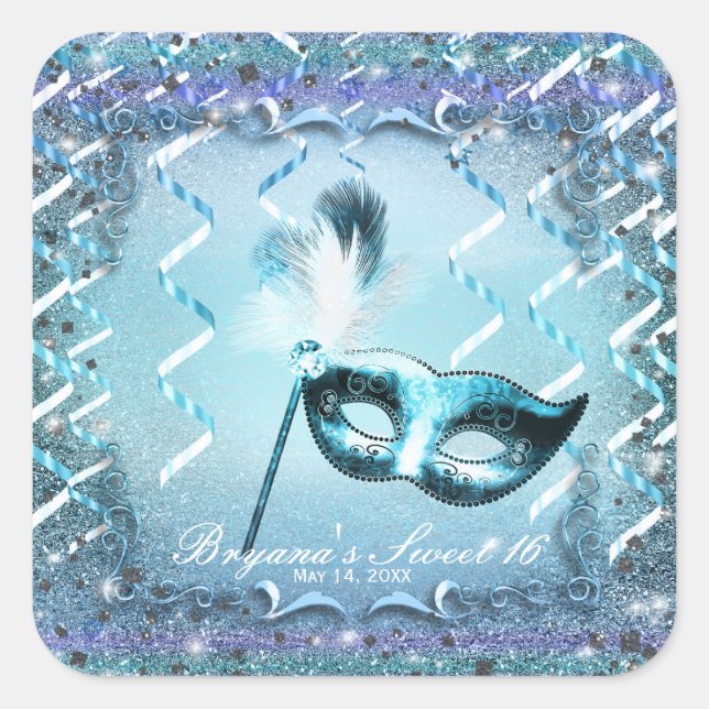 Aqua & Purple Masquerade Mask Elegant Ball Party Square Sticker (Front)