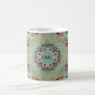 Aqua Purple Pink Floral Faux Lampas Brocade Coffee Mug