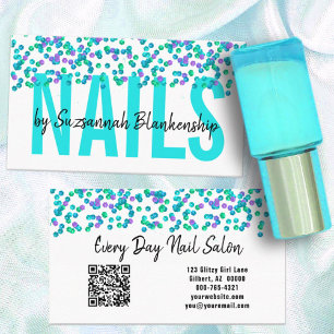 Aqua Purple Sequins Large Text NAILS Custom Business Card