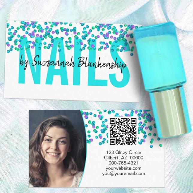 Aqua Purple Sequins Large Text NAILS QR Code Business Card (Creator Uploaded)