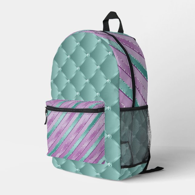 AQUA & PURPLE SHIMMER LOOK TUFTED LOOK & STRIPES PRINTED BACKPACK (Back Corner Right)