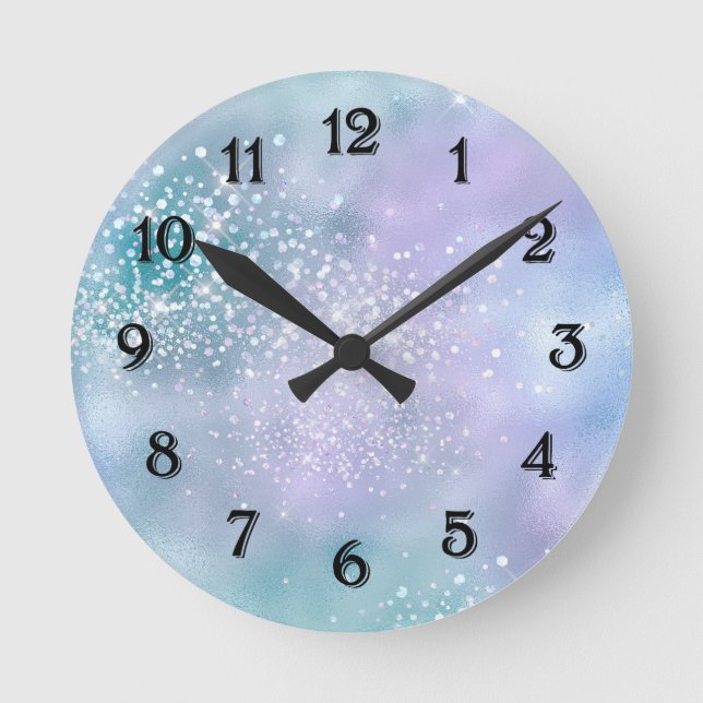 Aqua Purple Sparkle Round Clock (Front)