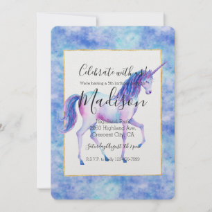 Aqua Purple White Unicorns Birthday Invitation