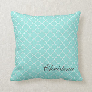Aqua Quatrefoil Pattern Monogram Pillow