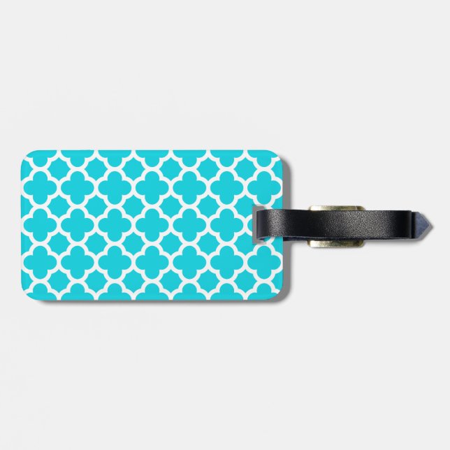 Aqua Quatrefoil Trellis Pattern Luggage Tag (Back Horizontal)