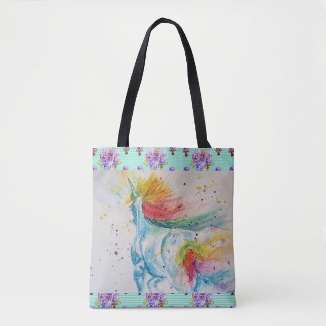 Aqua Rainbow Unicorn Watercolour Grocery Tote Bag (Front)